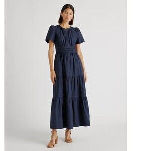 Quince 100% Organic Cotton Poplin Tiered Maxi Dress Navy Blue Small